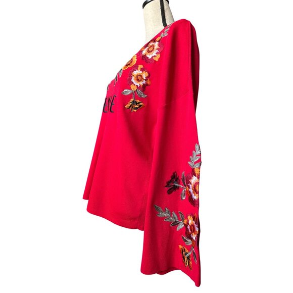 FEMME Red Long Bell Sleeve V-Neck Top Floral Embroidery Soft Flattering XL - Picture 4 of 8